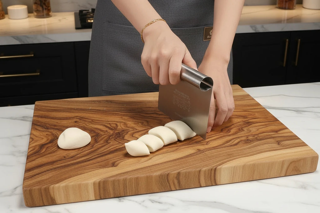 Person using a dough scraper  to shape dough on a cutting board.